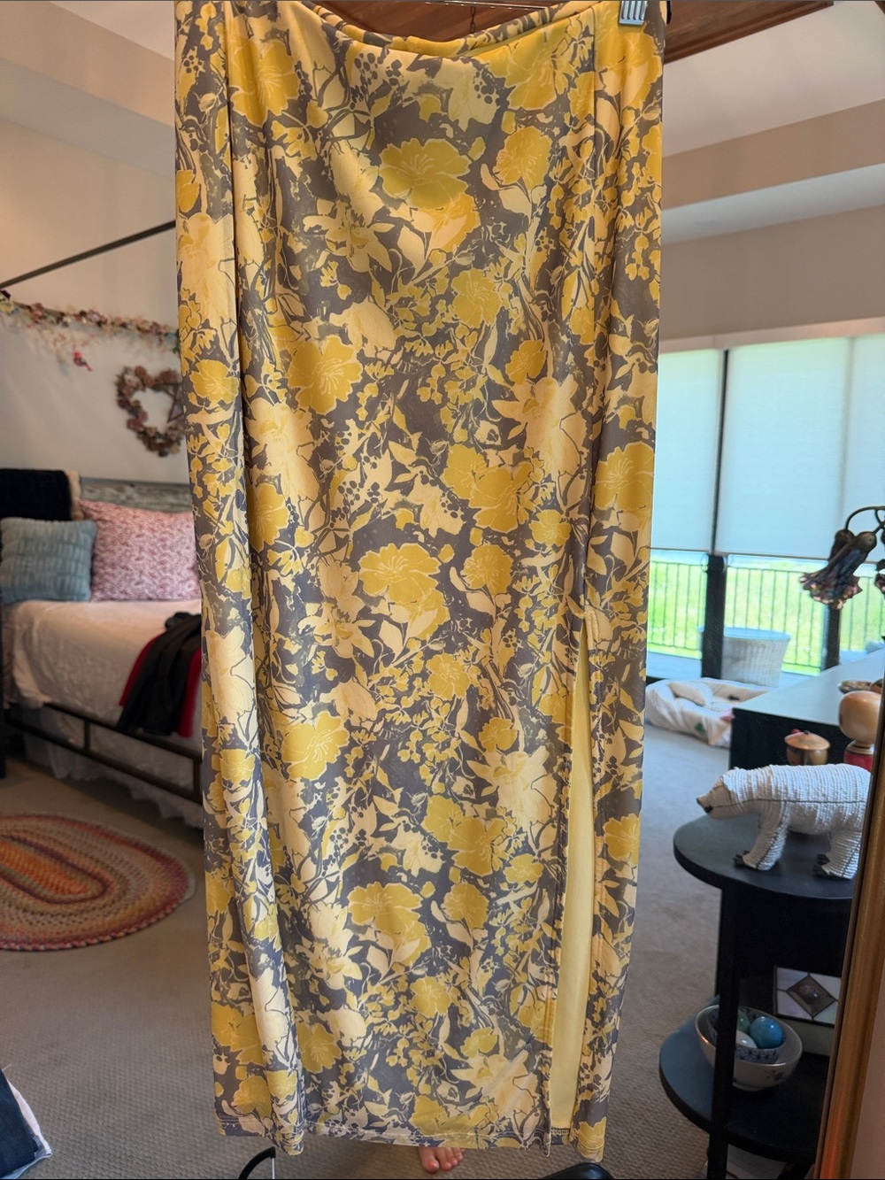 Free People Yellow and Gray Floral Satin Maxi Skirt
